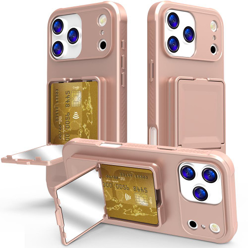 iPhone 17 Pro Max Skin Feel TPU Hidden Mirror Card Bag Phone Case with Stand - Rose Gold