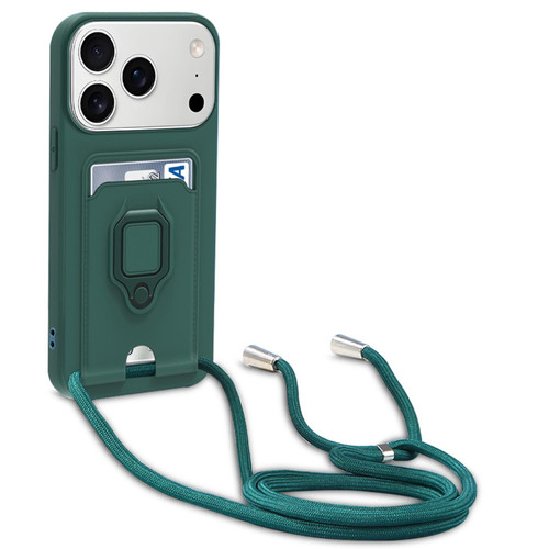 iPhone 17 Pro Max Sliding Camshield Magnetic Card Holder Silicone Phone Case with Lanyard - Dark Night Green