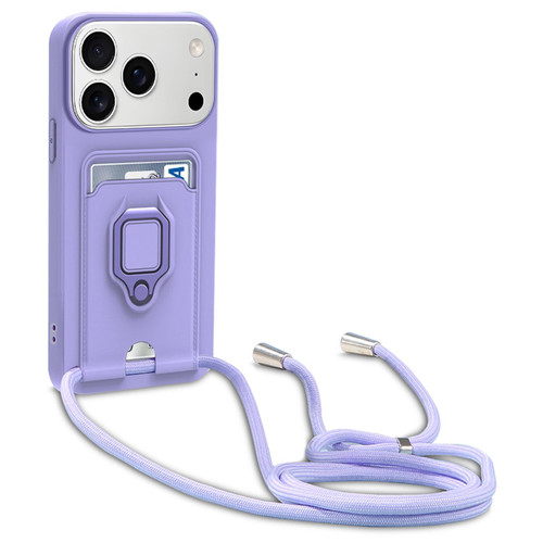 iPhone 17 Pro Max Sliding Camshield Magnetic Card Holder Silicone Phone Case with Lanyard - Light Purple
