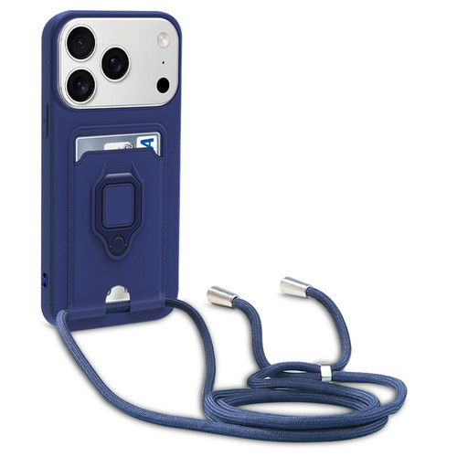 iPhone 17 Pro Max Sliding Camshield Magnetic Card Holder Silicone Phone Case with Lanyard - Navy Blue