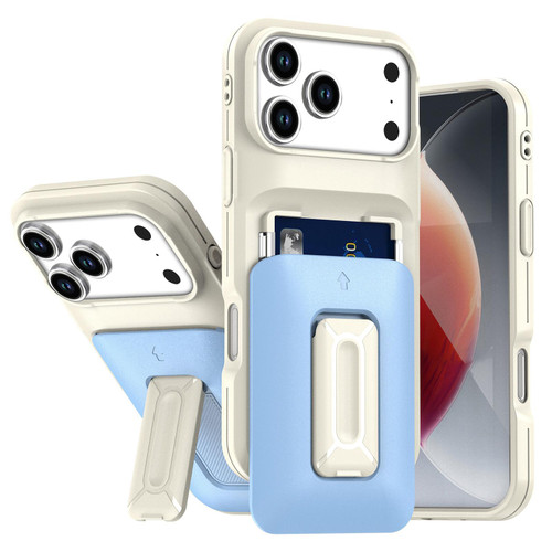 iPhone 17 Pro Max Sliding Card Holder Integrated Phone Case with Kickstand - Beige Blue