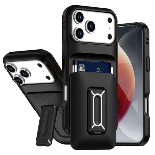 iPhone 17 Pro Max Sliding Card Holder Integrated Phone Case with Kickstand - Black