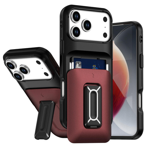 iPhone 17 Pro Max Sliding Card Holder Integrated Phone Case with Kickstand - Black Red