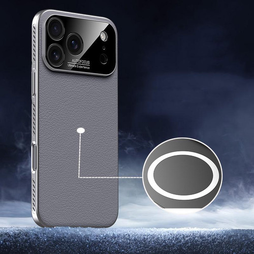 iPhone 17 Pro Max Soft Armor MagSafe Cooling Plain Leather Hybrid PC Phone Case - Grey