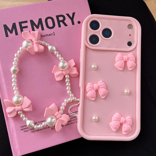 iPhone 17 Pro Max Soft Silicone 3D Bowknot Pearl Phone Case with Beaded Wrist Strap - Pink