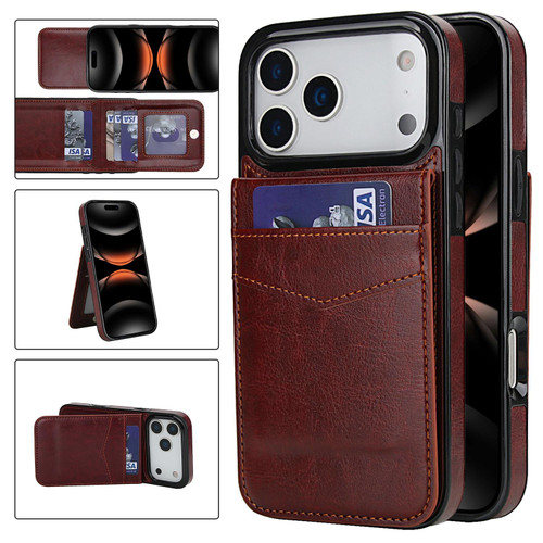 iPhone 17 Pro Max Solid Color Card Slots Bracket PU Phone Case - Brown