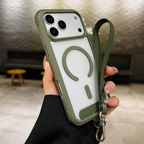 iPhone 17 Pro Max Solid Color Edge Transparency MagSafe Magnetic Phone Case with Wrist Strap - Army Green