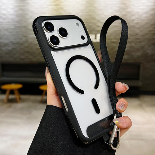 iPhone 17 Pro Max Solid Color Edge Transparency MagSafe Magnetic Phone Case with Wrist Strap - Black