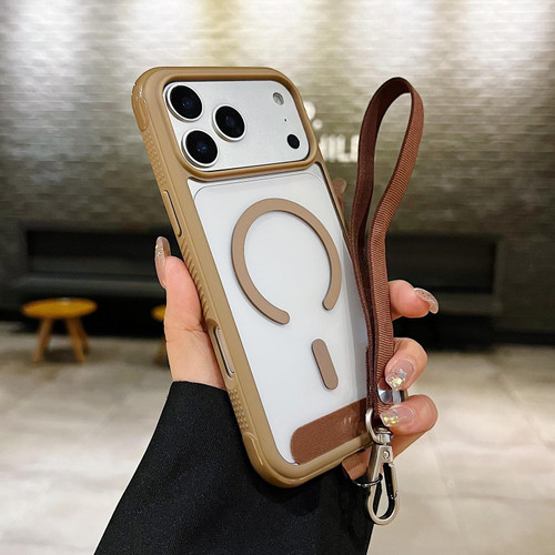 iPhone 17 Pro Max Solid Color Edge Transparency MagSafe Magnetic Phone Case with Wrist Strap - Brown