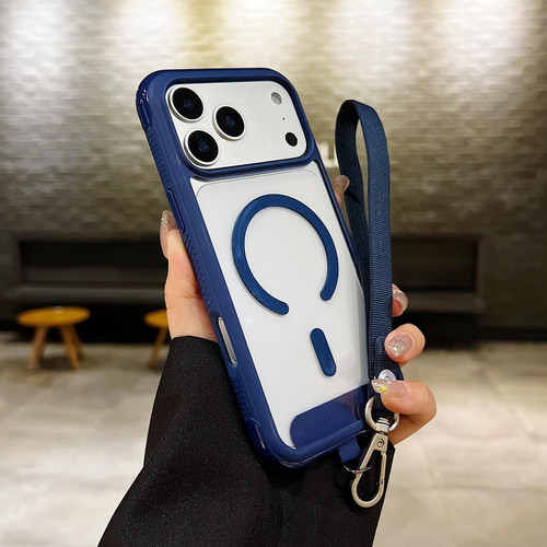 iPhone 17 Pro Max Solid Color Edge Transparency MagSafe Magnetic Phone Case with Wrist Strap - Royal Blue