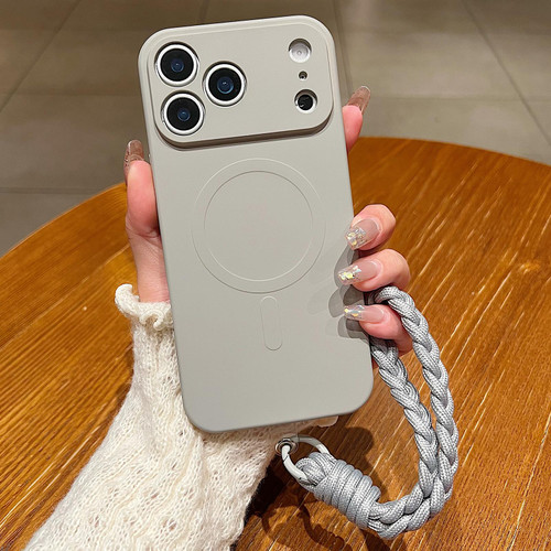 iPhone 17 Pro Max Solid Color Liquid Silicone Magnetic Phone Case with Lanyard - Grey