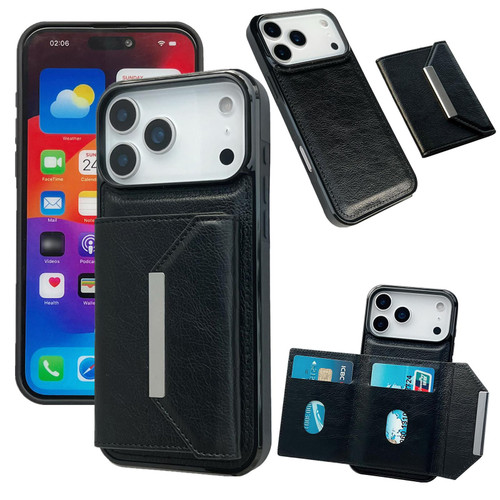 iPhone 17 Pro Max Solid Color Metal Buckle Card Slots Bag Phone Case - Black