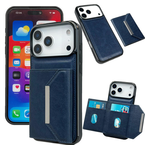 iPhone 17 Pro Max Solid Color Metal Buckle Card Slots Bag Phone Case - Blue