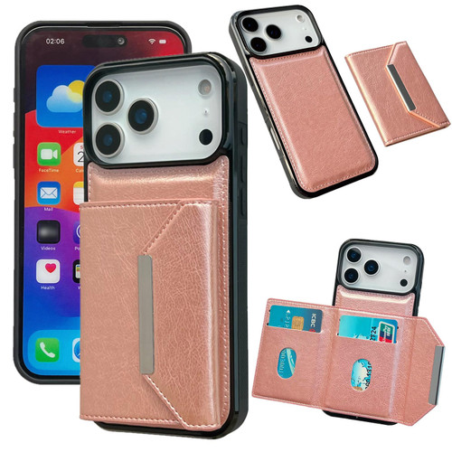 iPhone 17 Pro Max Solid Color Metal Buckle Card Slots Bag Phone Case - Rose Gold