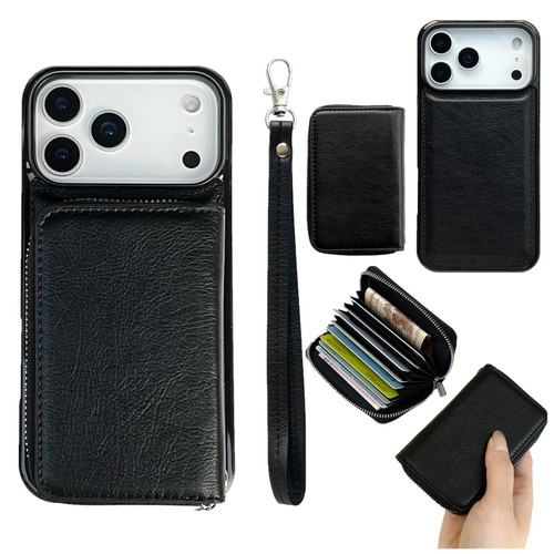 iPhone 17 Pro Max Solid Color Zipper 11-Card Slots Bag Phone Case with Lanyard - Black