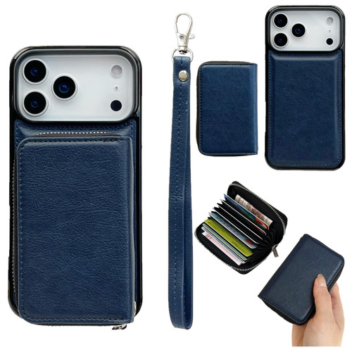 iPhone 17 Pro Max Solid Color Zipper 11-Card Slots Bag Phone Case with Lanyard - Blue