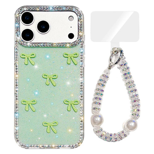 iPhone 17 Pro Max Sparkling IMD Colorful Bow Phone Case with Bracelet - Glitter Light Green