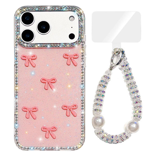 iPhone 17 Pro Max Sparkling IMD Colorful Bow Phone Case with Bracelet - Glitter Light Pink
