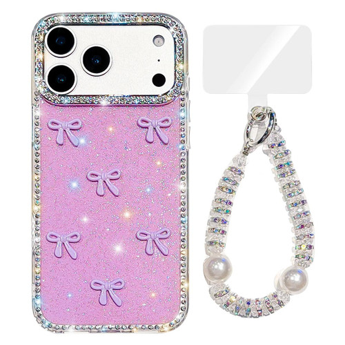 iPhone 17 Pro Max Sparkling IMD Colorful Bow Phone Case with Bracelet - Glitter Light Purple