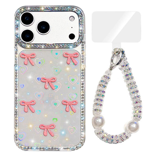 iPhone 17 Pro Max Sparkling IMD Colorful Bow Phone Case with Bracelet - Love Transparent