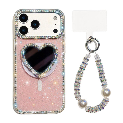 iPhone 17 Pro Max Sparkling IMD Heart-Shaped Mirror Magnetic Phone Case with Bracelet - Glitter Light Pink