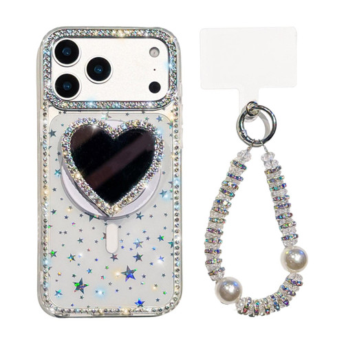 iPhone 17 Pro Max Sparkling IMD Heart-Shaped Mirror Magnetic Phone Case with Bracelet - Star Transparent