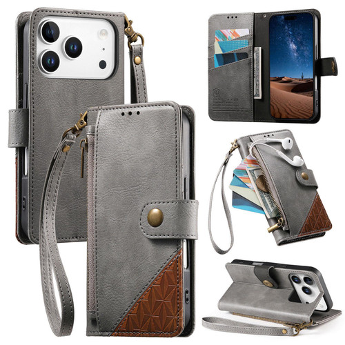 iPhone 17 Pro Max Splicing Zipper Wallet Vegan Leather Phone Case with Strap - Gray