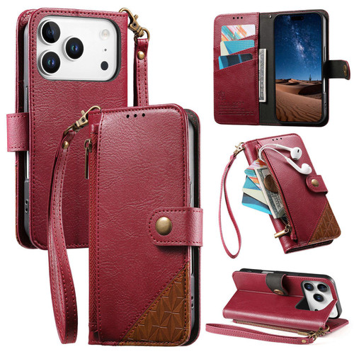 iPhone 17 Pro Max Splicing Zipper Wallet Vegan Leather Phone Case with Strap - Red