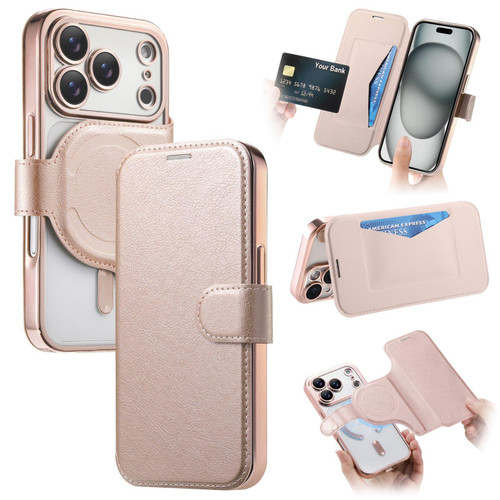 iPhone 17 Pro Max Splitable Electroplated MagSafe RFID Anti-theft Leather Phone Case with Lens Film - Rose Gold