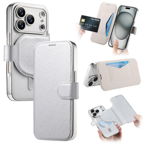 iPhone 17 Pro Max Splitable Electroplated MagSafe RFID Anti-theft Leather Phone Case with Lens Film - Silver