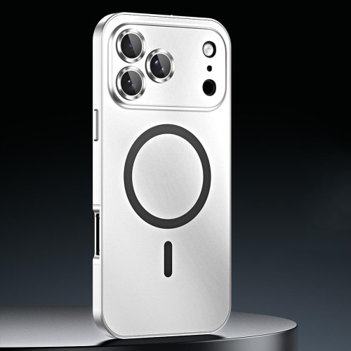 iPhone 17 Pro Max Spring Buckle MagSafe Magnetic Metal Phone Case - Silver
