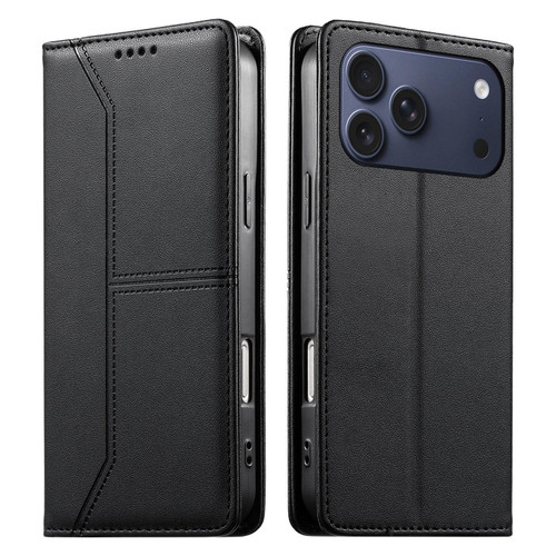 iPhone 17 Pro Max Stitched Line Magnetic RFID Vegan Leather Phone Case - Black