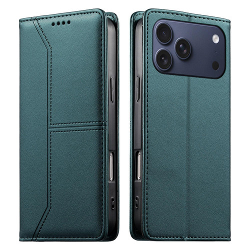 iPhone 17 Pro Max Stitched Line Magnetic RFID Vegan Leather Phone Case - Green