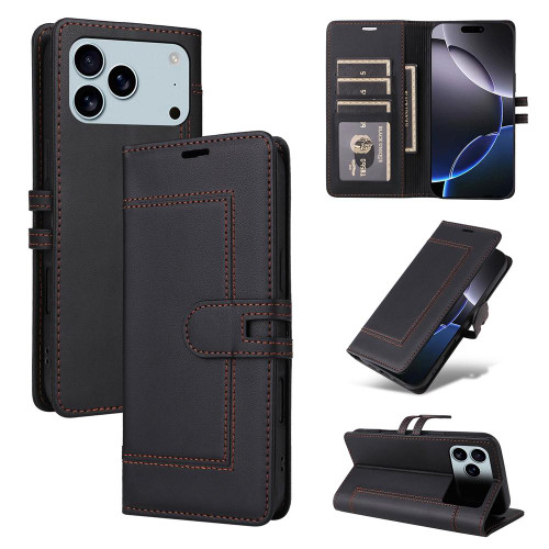 iPhone 17 Pro Max Stitched Magnetic Buckle Leather Phone Case - Black