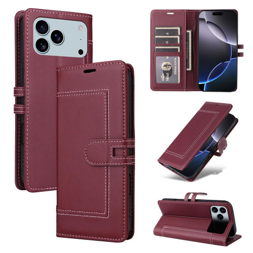 iPhone 17 Pro Max Stitched Magnetic Buckle Leather Phone Case - Red
