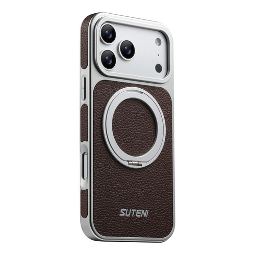 iPhone 17 Pro Max Suteni G6 Large Litchi Texture Electroplated 360 Rotation Holder Magnetic Phone Case - Brown