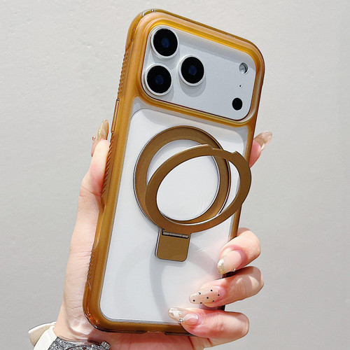 iPhone 17 Pro Max Translucent Edge Transparency Metal Holder MagSafe Phone Case - Coffee