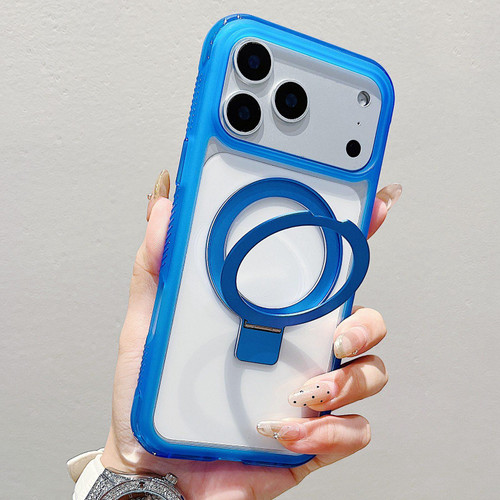 iPhone 17 Pro Max Translucent Edge Transparency Metal Holder MagSafe Phone Case - Dark Blue