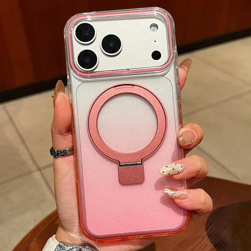 iPhone 17 Pro Max Transparent Gradient Metal Ring Holder MagSafe Phone Case - Pink