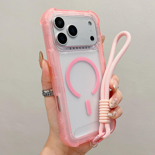 iPhone 17 Pro Max Transparent Matte TPU Hybrid PC 3-in-1 MagSafe Phone Case with Wrist Strap - Pink