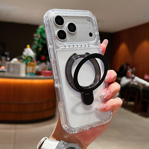 iPhone 17 Pro Max Transparent Pivot Metal Holder Magnetic Phone Case - Black