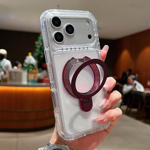 iPhone 17 Pro Max Transparent Pivot Metal Holder Magnetic Phone Case - Wine Red