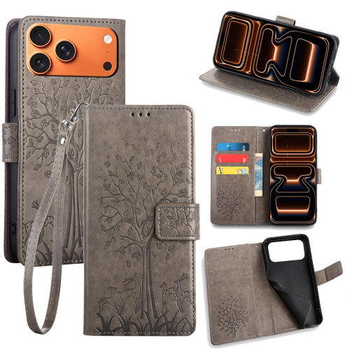 iPhone 17 Pro Max Tree & Deer Embossed Leather Phone Case - Grey