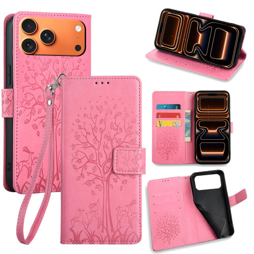 iPhone 17 Pro Max Tree & Deer Embossed Leather Phone Case - Pink