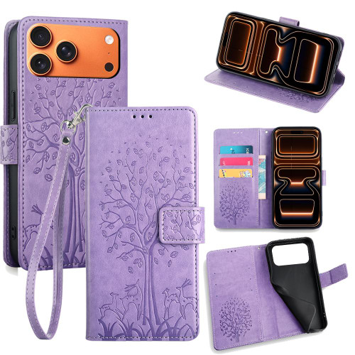 iPhone 17 Pro Max Tree & Deer Embossed Leather Phone Case - Purple