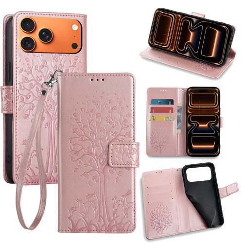 iPhone 17 Pro Max Tree & Deer Embossed Leather Phone Case - Rose Gold
