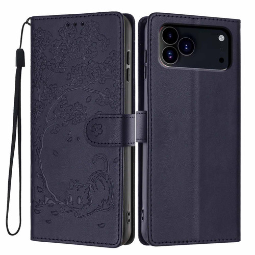 iPhone 17 Pro Max Tree Cat Embossed Flip Vegan Leather Phone Case - Dark Blue