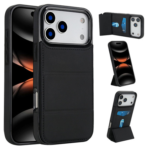 iPhone 17 Pro Max Tri-fold Holder Leather Phone Case with Card Slot - Black