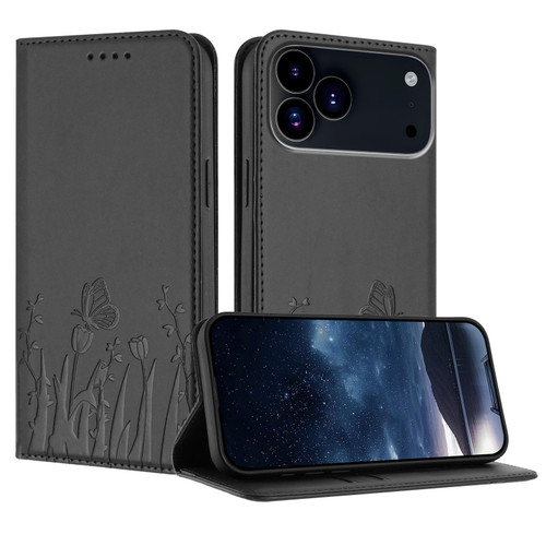 iPhone 17 Pro Max Tulips Butterfly Pattern Magnetic Vegan Leather Phone Case - Black