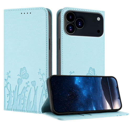 iPhone 17 Pro Max Tulips Butterfly Pattern Magnetic Vegan Leather Phone Case - Light Blue